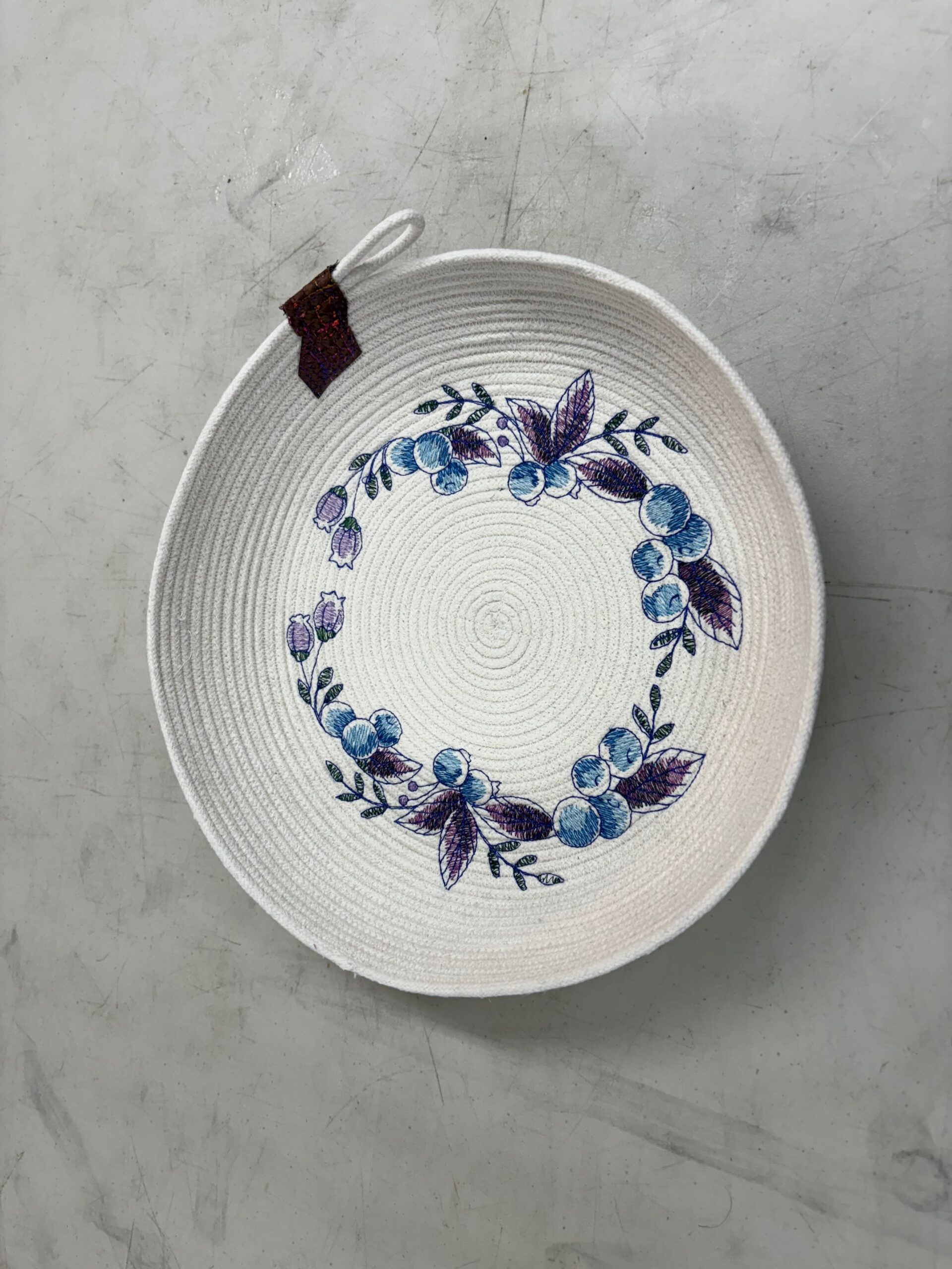 Coiled Basket with embroidered blueberries